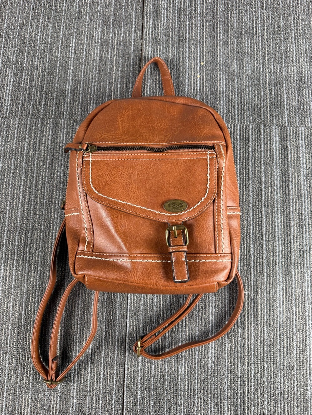 B-O-C Classic Tan Leather Mini Backpack with Front Buckle Pocket